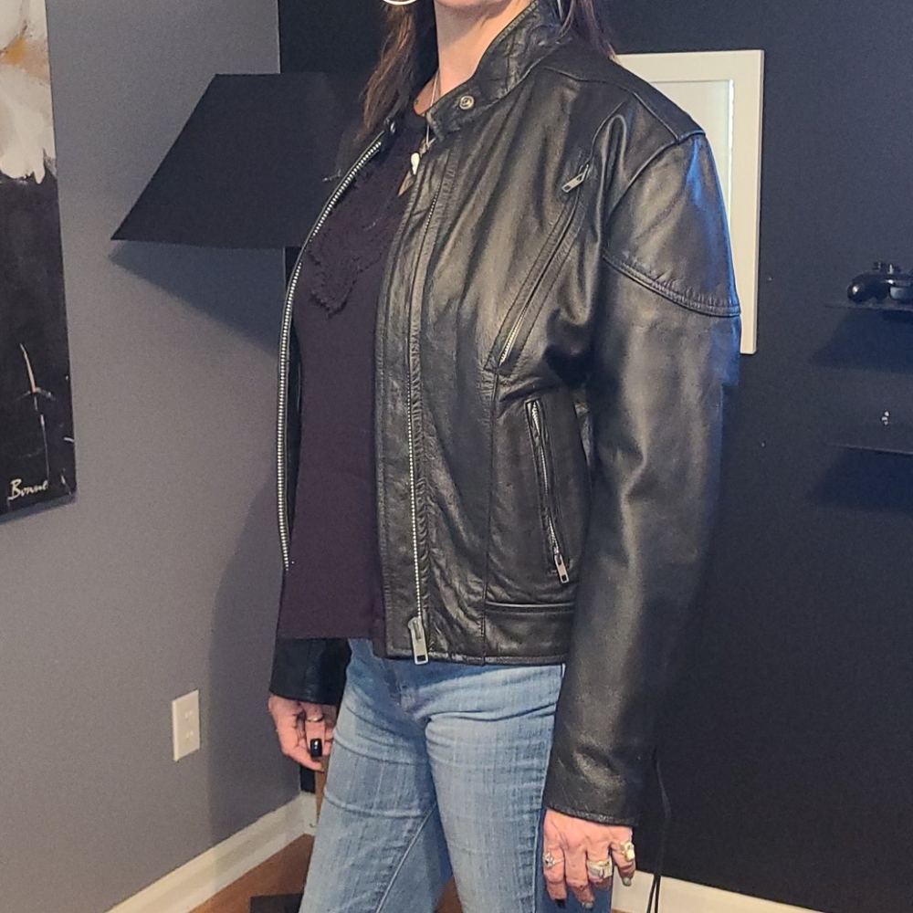 Vintage Black Leather Moto Zipper Jacket Small